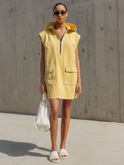 Casual Retro Sleeveless Yellow Denim Hooded Half-zip Mini Dress