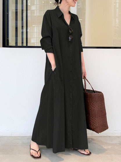 Women's Solid Color Casual Loose Elegant V-Neck Cotton And Linen Pocket Shirt Dress