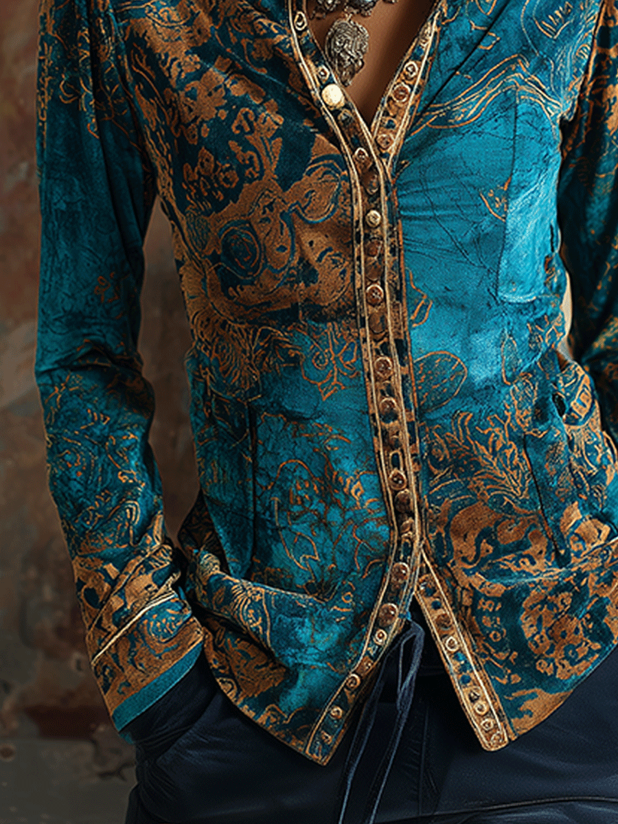 Boho Chic Vintage Peacock Blue Velvet Golden Print Fit Blouse