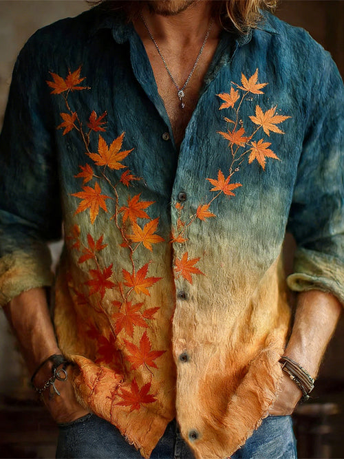 Japanese Maple Leaf Gradient Pattern Men's Linen Long Sleeve Shirt