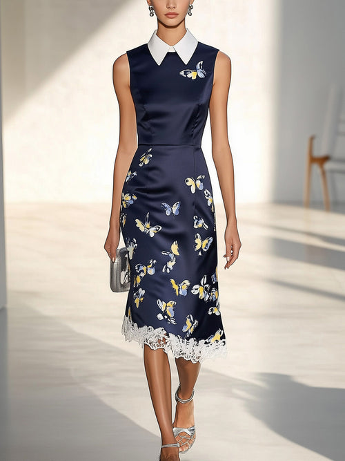 Navy Blue Satin Dress with Butterfly Print and White Lace Trim