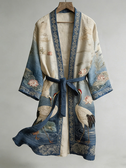 Retro Japanese Crane And Lotus Art Linen Blend Long Kimono