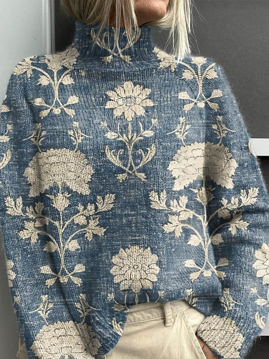 Women's Vintage Lovely Floral Art Print Knit Turtleneck Pullover Sweater
