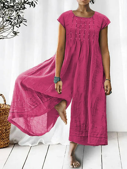 Women's Solid Color Art Casual Short Sleeve Cotton Linen Jumpsuit
