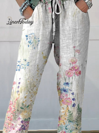 Women's Vintage Botanical Floral Printed Cotton And Linen Casual Pants