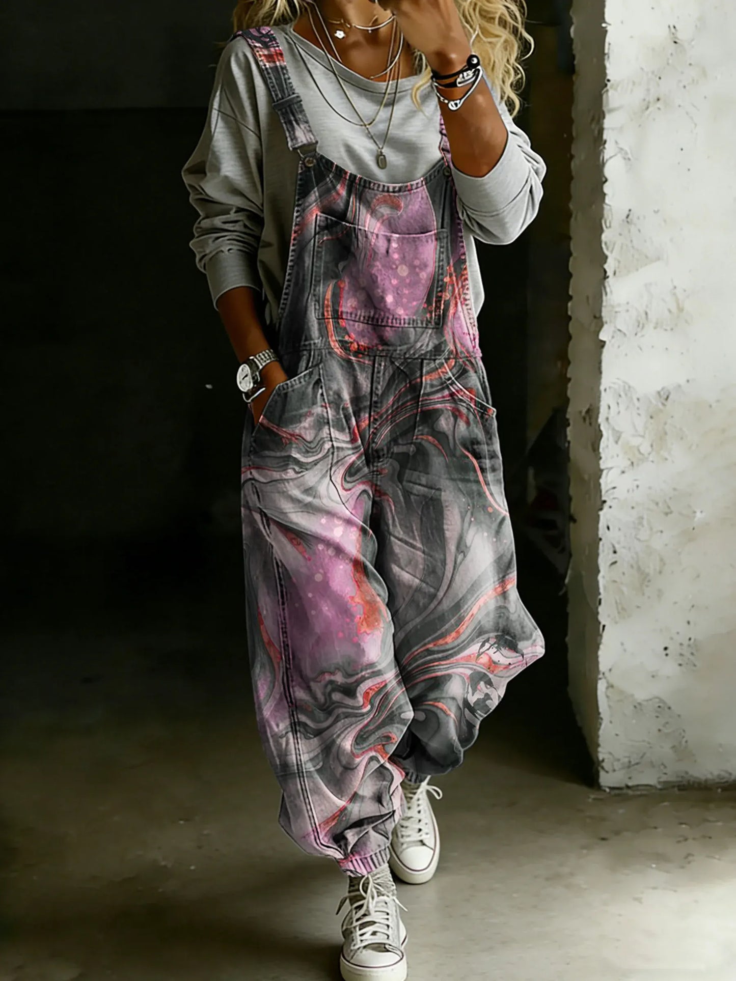 Women’s Vintage Waves Art Print Casual One Piece Denim Jumpsuit