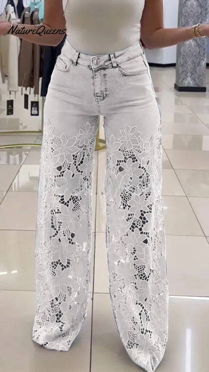 Women's Mid Waist Buttoned Lace Patchwork Jeans