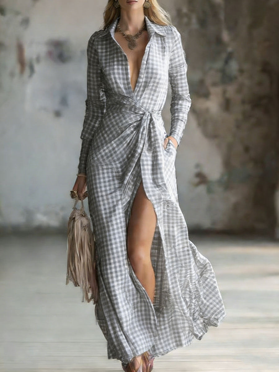 Women's Small Check Multi-color Linen-cotton Blend Long Dress