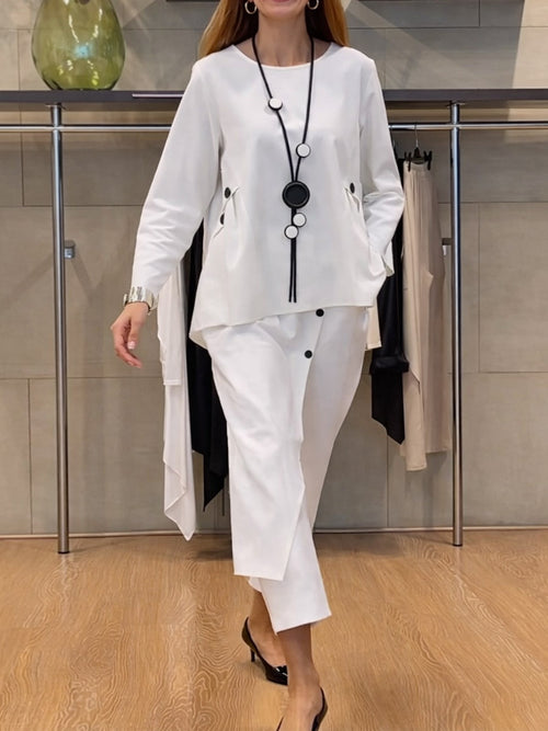Women's Solid Color Round Neck Long Sleeve Casual Loose Top And High Waist Casual Loose Wide Leg Pants Cotton Set