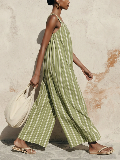 Green Striped Linen Tencel Loose Jumpsuit