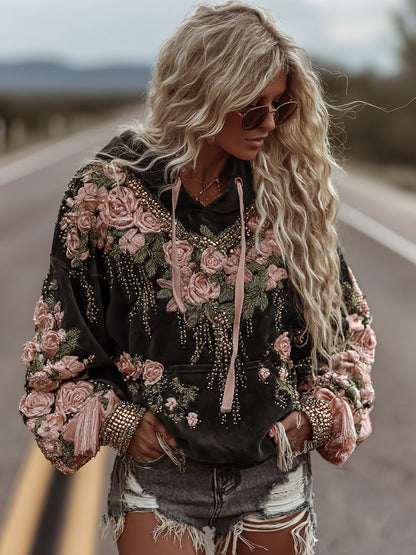Women's Classic Romantic Pink Rose Embroidery Art Comfy Hoodie