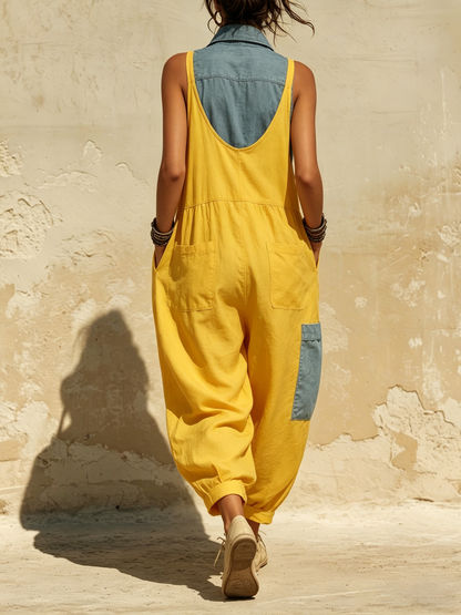Contrast Denim Detail Sleeveless Harem Jumpsuit