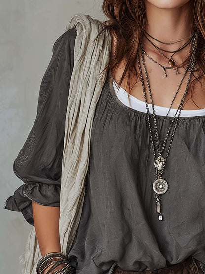 Retro Contrasting Collar Flared Cuffs Cotton Linen Blouse