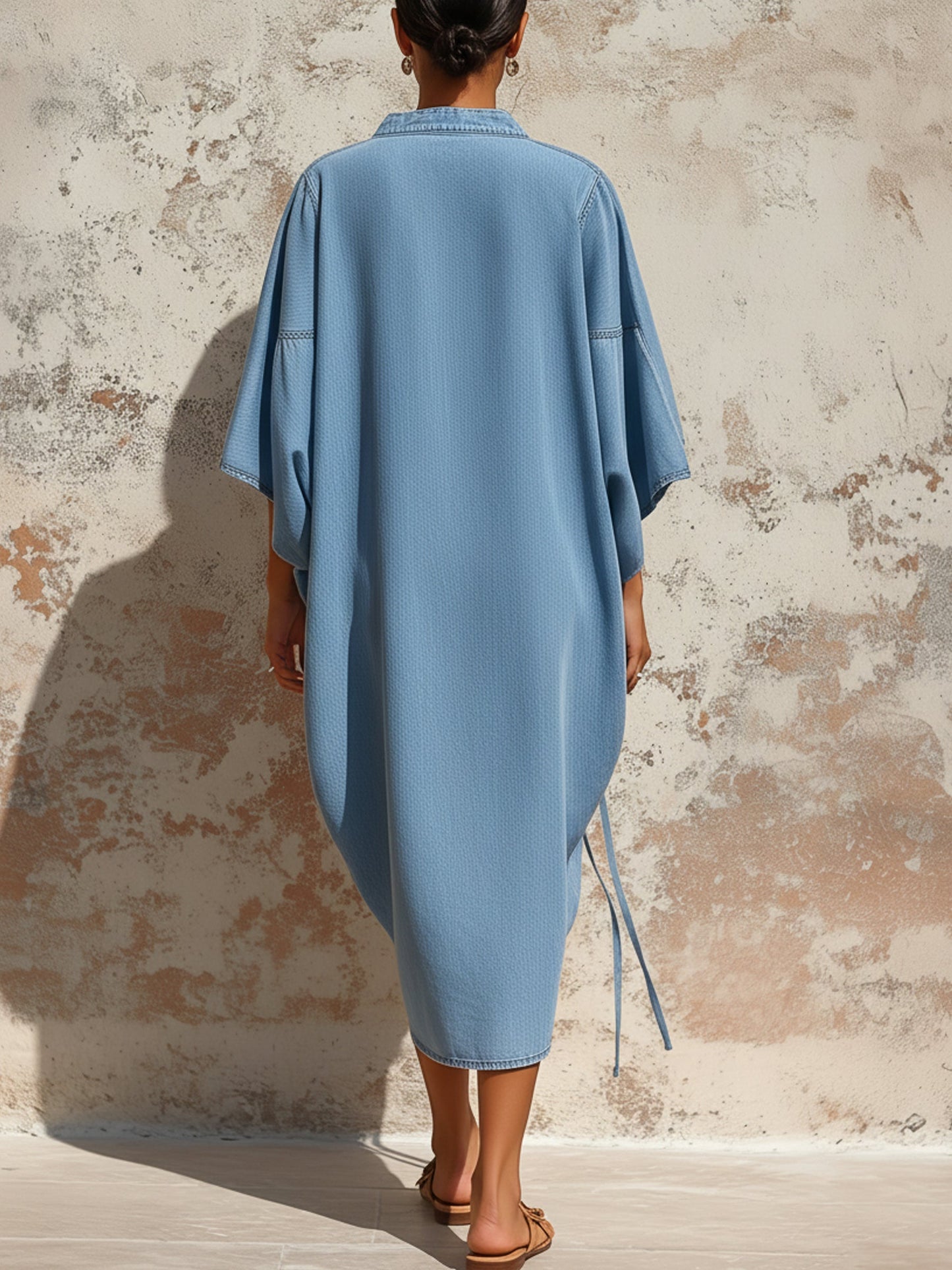 Light Blue Tencel Denim Oversized Drawstring Hem Shirt Dress