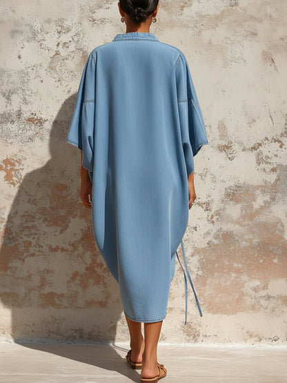 Light Blue Tencel Denim Oversized Drawstring Hem Shirt Dress