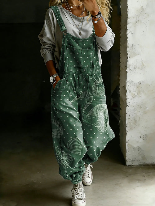 Women’s Vintage Art Print Casual One Piece Denim Jumpsuit
