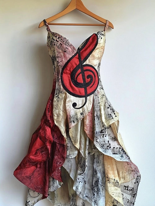 Retro Elegant Music Theme Irregular Stitching Dress 98dc