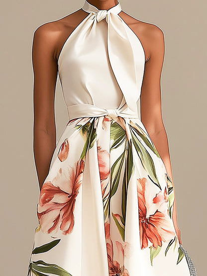 Chic Halter Neck Floral Midi Dress in Ivory Satin