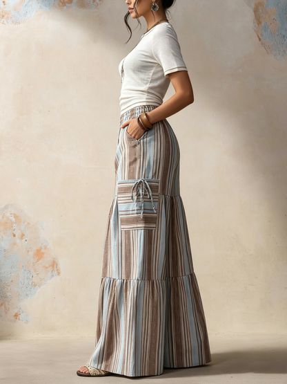 Boho Striped Tiered Wide-Leg Cargo Pants With Pockets