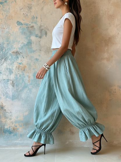 Boho Ruffle Hem Elastic Waist Harem Pants | Relaxed Fit Casual Linen Trousers