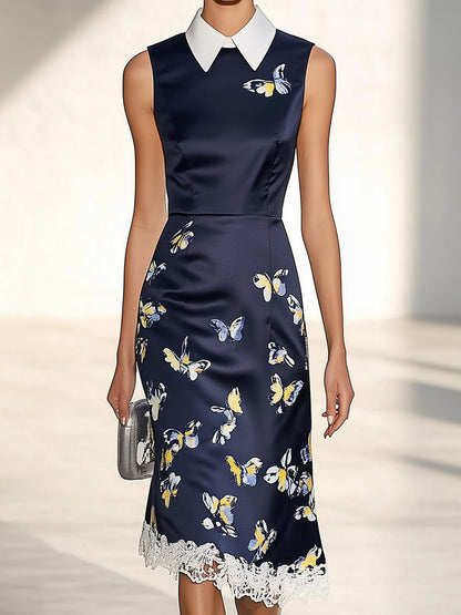 Navy Blue Satin Dress with Butterfly Print and White Lace Trim