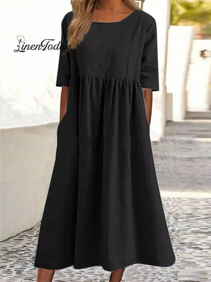 Cotton And Linen Casual Short Sleeve Pocket Pleated Loose Round Neck Dress