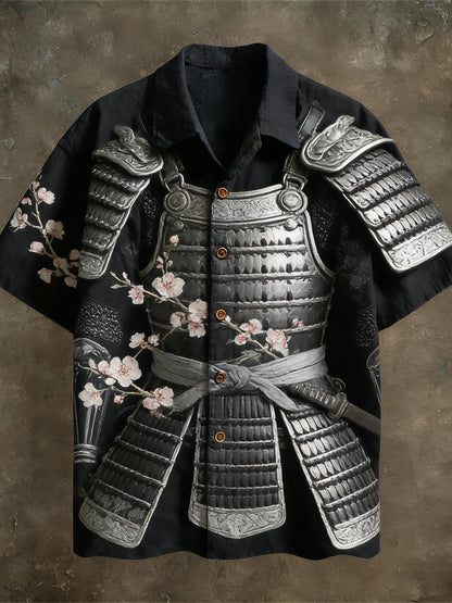 Japanese Samurai Armor Pattern Vintage Men's Linen Short Sleeve Shirt
