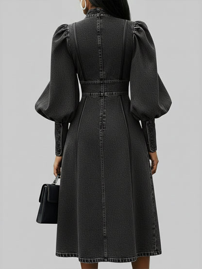 Fashionable Patchwork Leather Lantern Sleeve Denim Dress