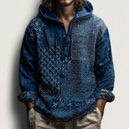 Men's Vintage Japanese Traditional Sashiko Art Linen Hooded Shirt