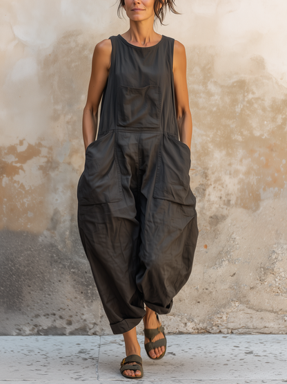 Dark Gray Cotton Sleeveless Oversized Harem Jumpsuit
