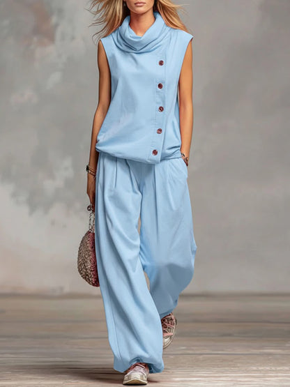 Women's Solid Color Stand-collar Sleeveless Casual Loose Cotton Top And High-waisted Loose Wide-leg Pants Set.