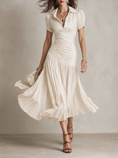 Retro Striped Satin Pleated Bodycon Midi Dress
