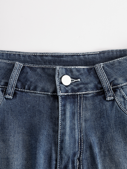 Western Blue Denim Side Tassel Rivet Flared Pants