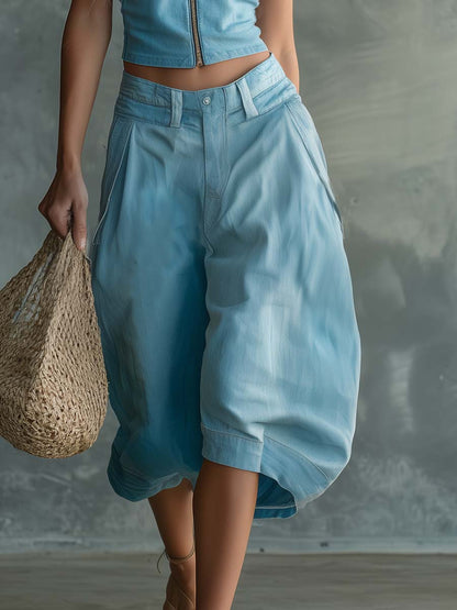 Personality Retro Western Vacation Light Blue Denim Zip-Up Top And Bermuda Shorts Set