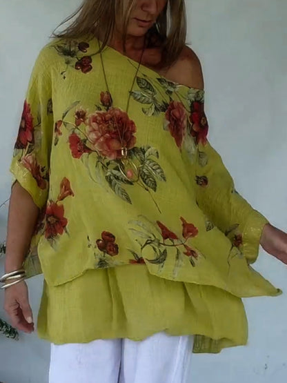 Loose And Cozy Floral Print Linen And Cotton Top