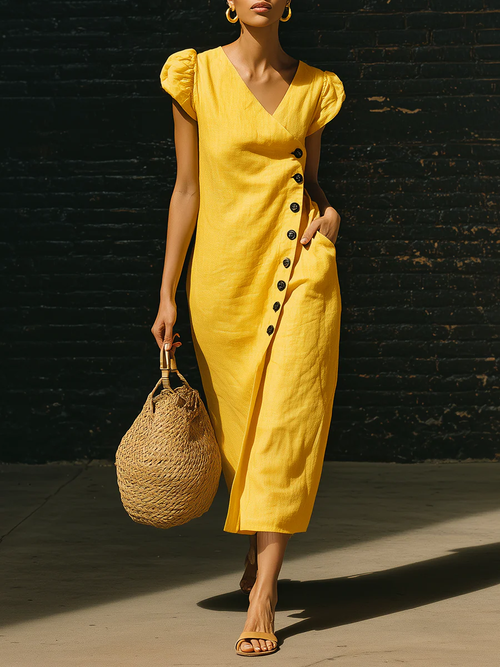 Elegant V-neck Button-up Linen Midi Dress