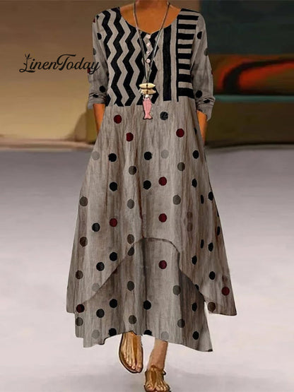 Elegant Casual Double Layer Print Contrast Color Dress