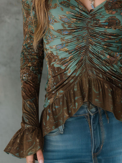 Boho Sage And Bronze Floral Ruched Ruffle Hem Blouse