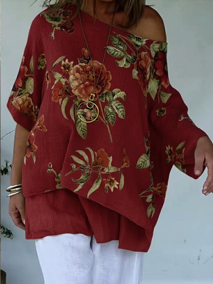 Loose And Cozy Floral Print Linen And Cotton Top