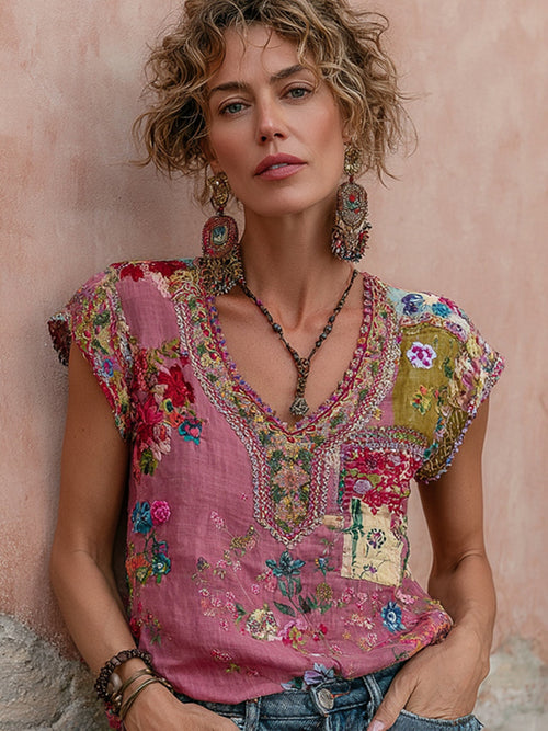 Women's Bohemian Floral Embroidery Art V-neck Short Sleeve T-shirt
