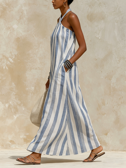 Nautical Striped Halter Maxi Dress - Breathable Linen-Blend Resort Wear