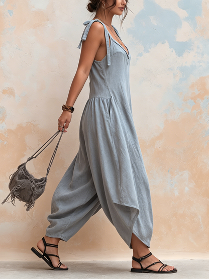 Grey Tie-Shoulder Oversized Harem Linen Jumpsuit