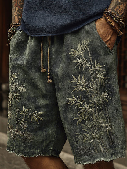 Vintage Japanese Bamboo Embroidery Art Linen Blend Casual Shorts