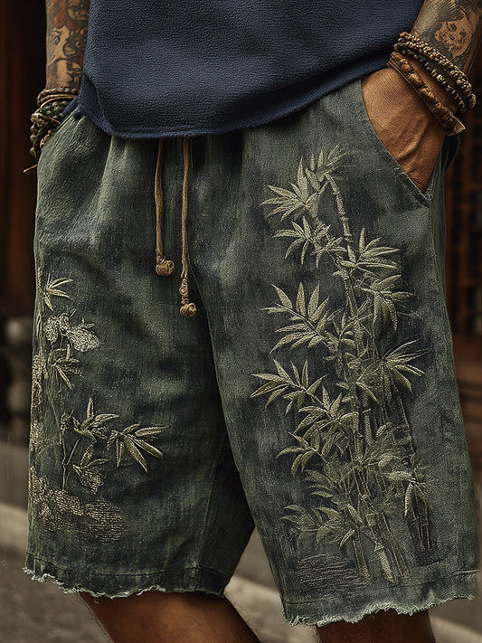 Vintage Japanese Bamboo Embroidery Art Linen Blend Casual Shorts