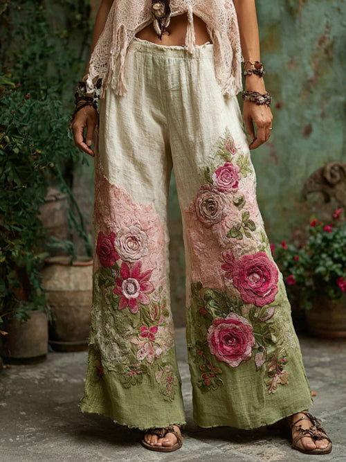 Floral Embroidered Art Print Linen Blend Pants