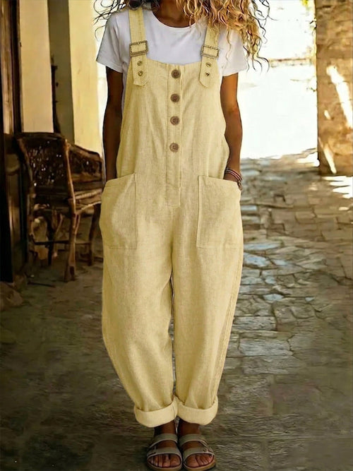 Casual Linen And Cotton Jumpsuit With Adjustable Straps