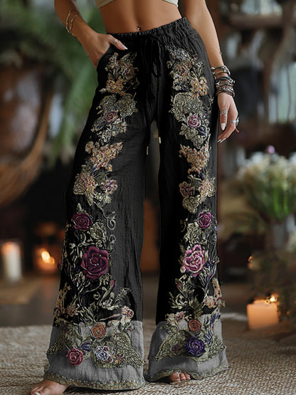 Classy Purple Lavender And Floral Embroidered Art Linen Pants
