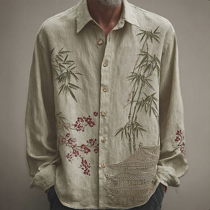 Men's Vintage Japanese Style Bamboo Art Cozy Linen Blouse