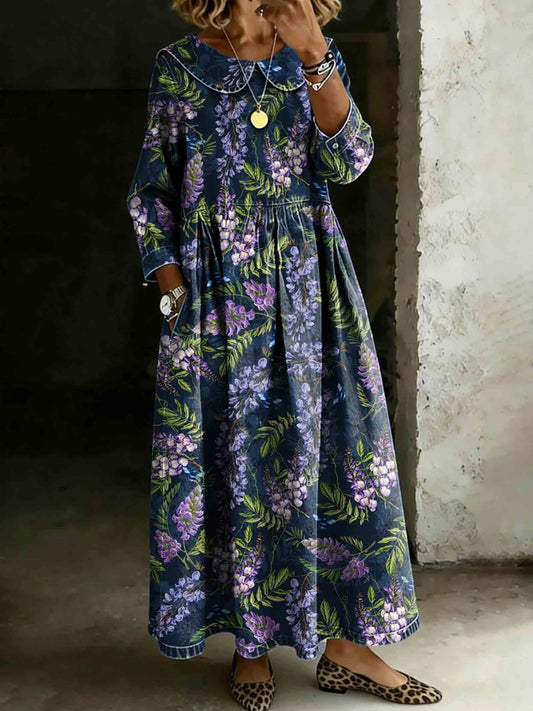 Women's Vintage Lavender Floral Print Lapel Collar Pleated Long Sleeve Casual Loose Denim Dress
