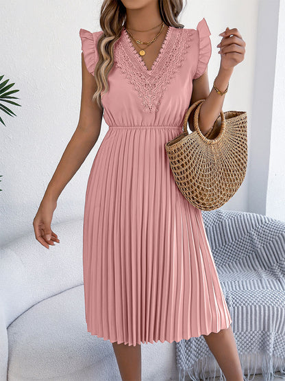 Women's Casual Lace V-neck Ruffled Pleated Dress